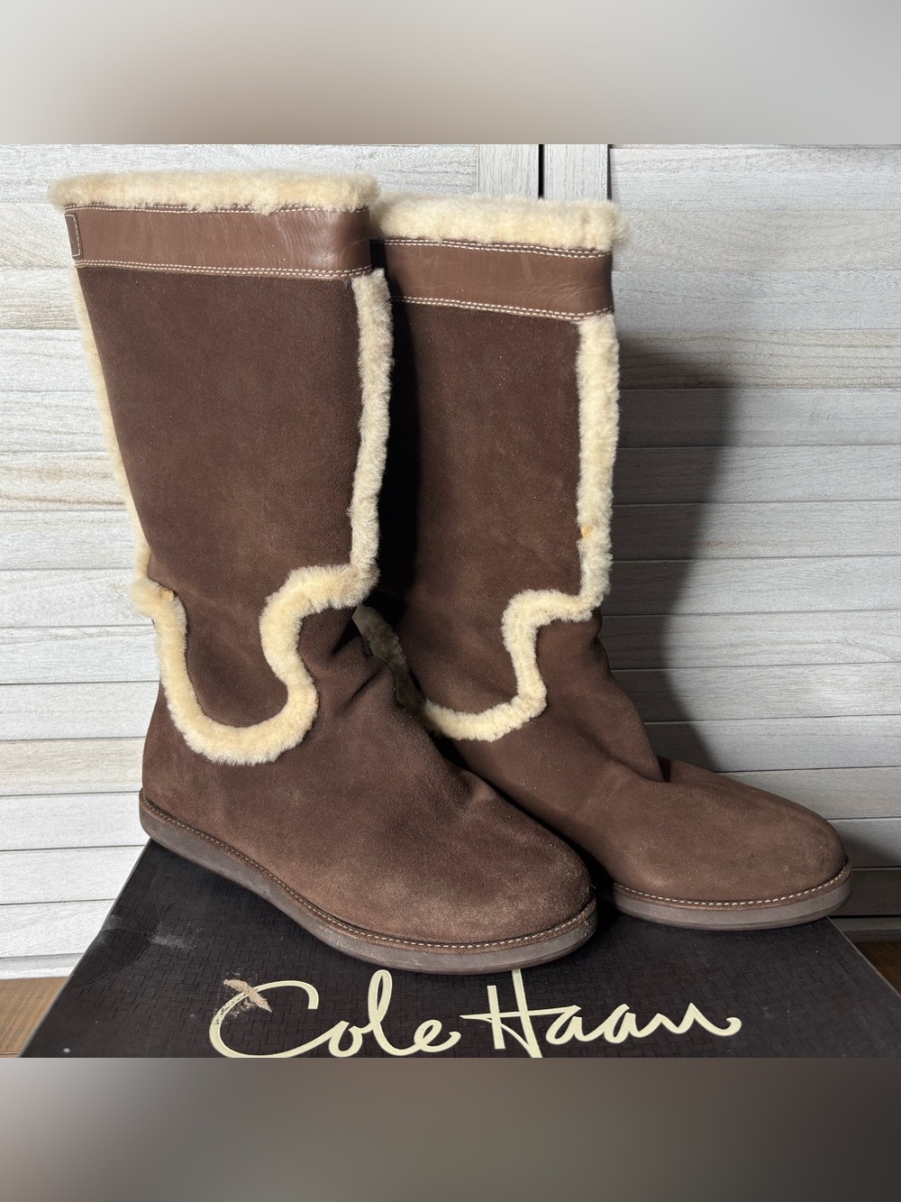 Cole Haan Air Jillian Waterproof Suede Shearling Fur Tall Winter Boots Size 9.5
